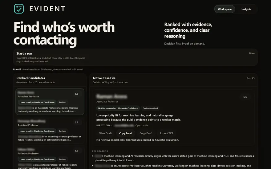 Evident workspace: ranked contacts with evidence and reasoning