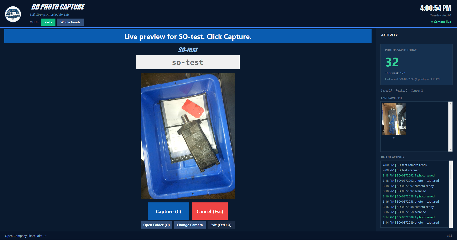 Parts capture on the ThinkPad kiosk.