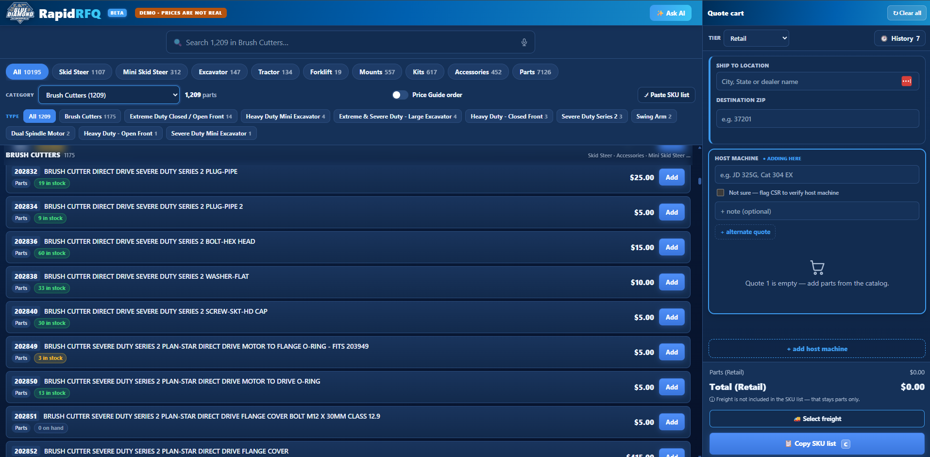 The quoting terminal: catalog, host-machine filters, and cart in one view.