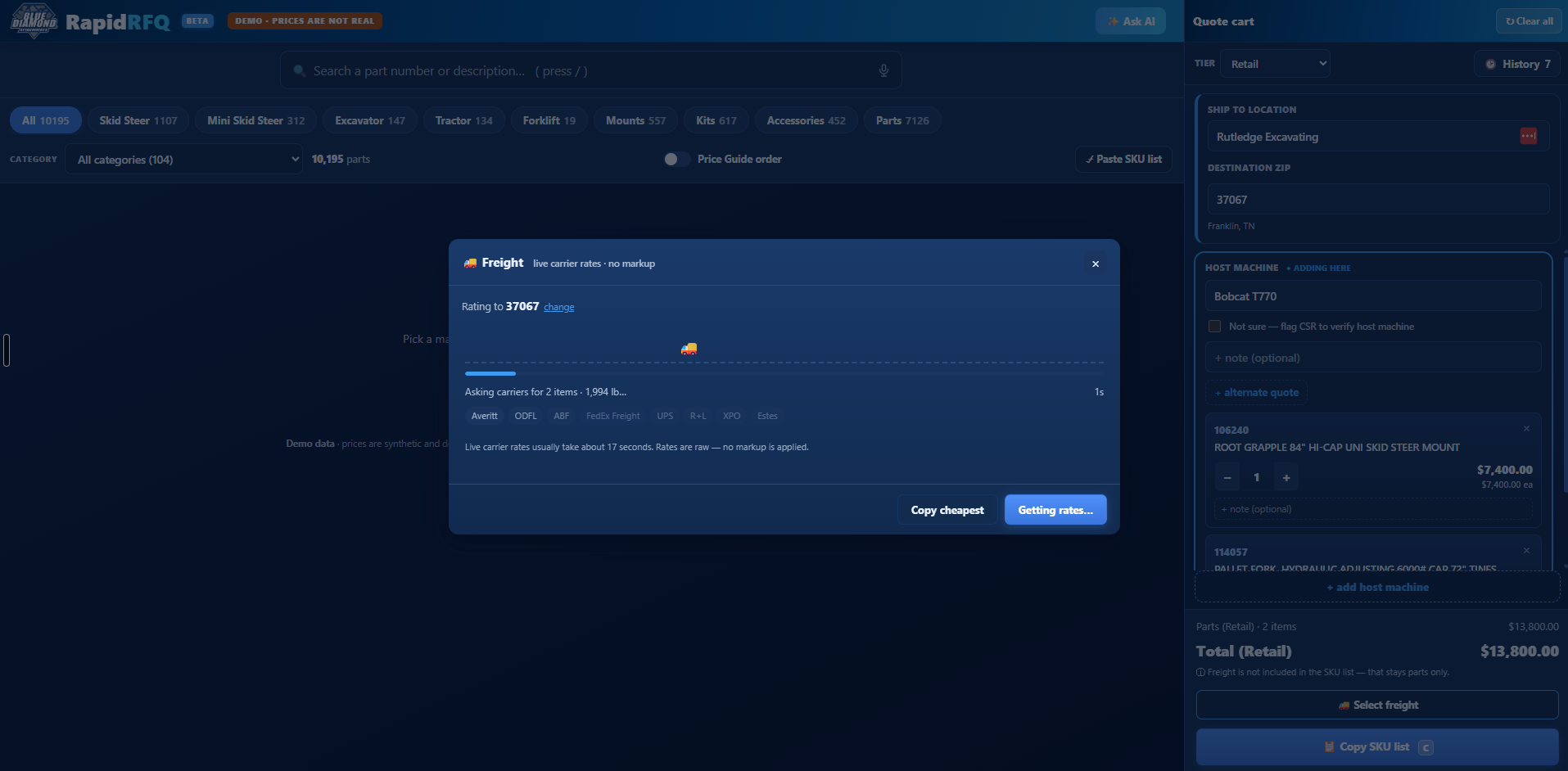 Live freight: rating by location and package size via the carrier API.
