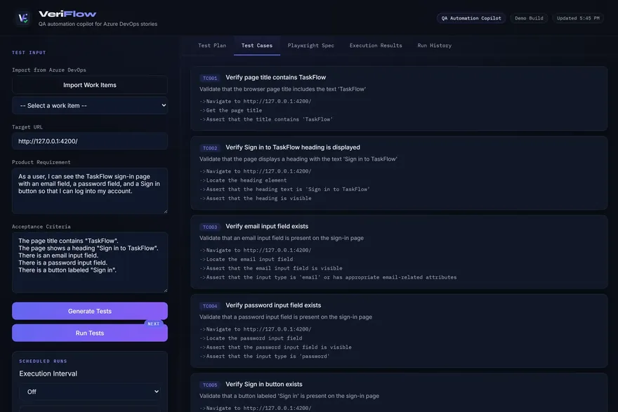 VeriFlow: test cases generated from a user story